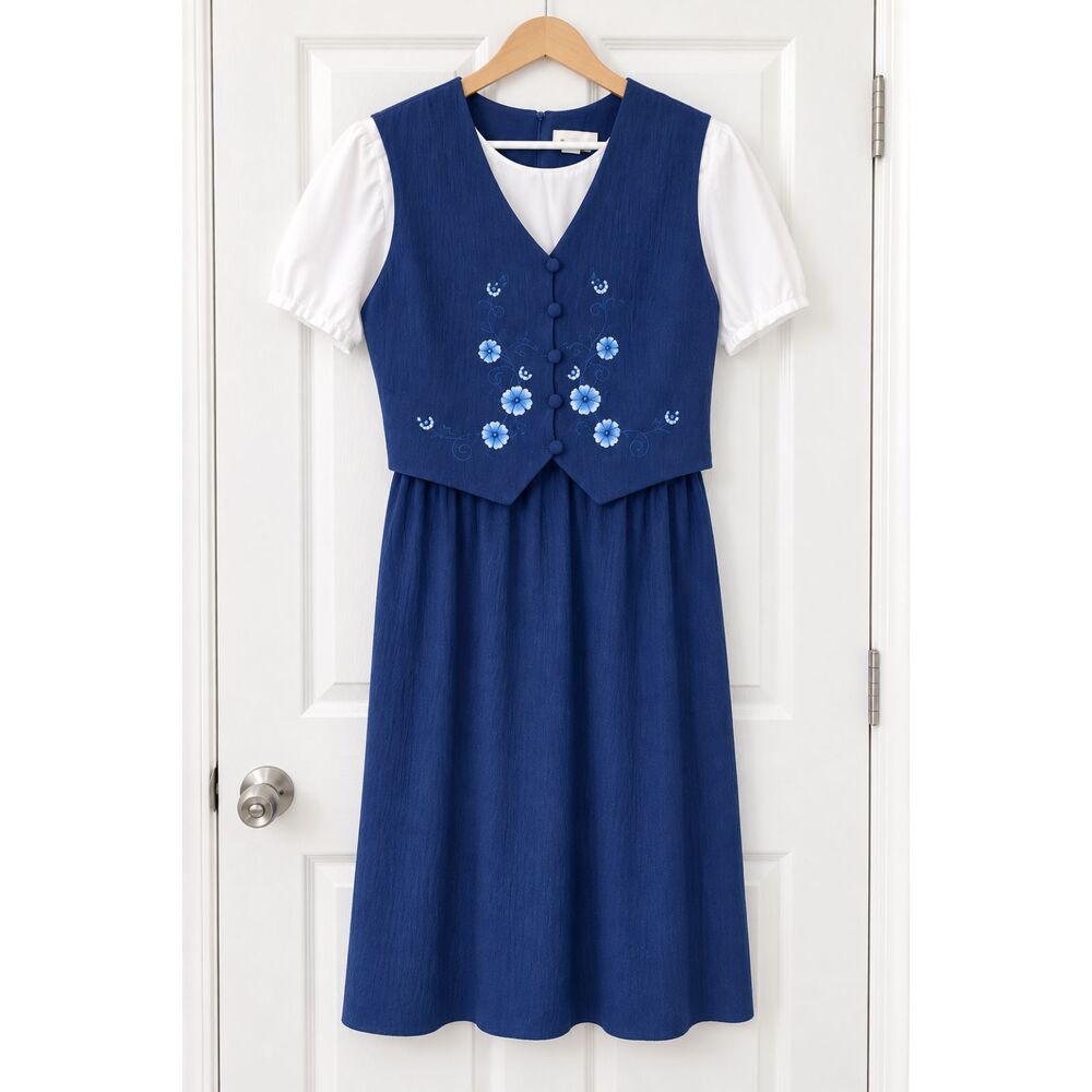 90s Blue Embroidered Cottagecore Midi Dress Vest Overlay 15/16